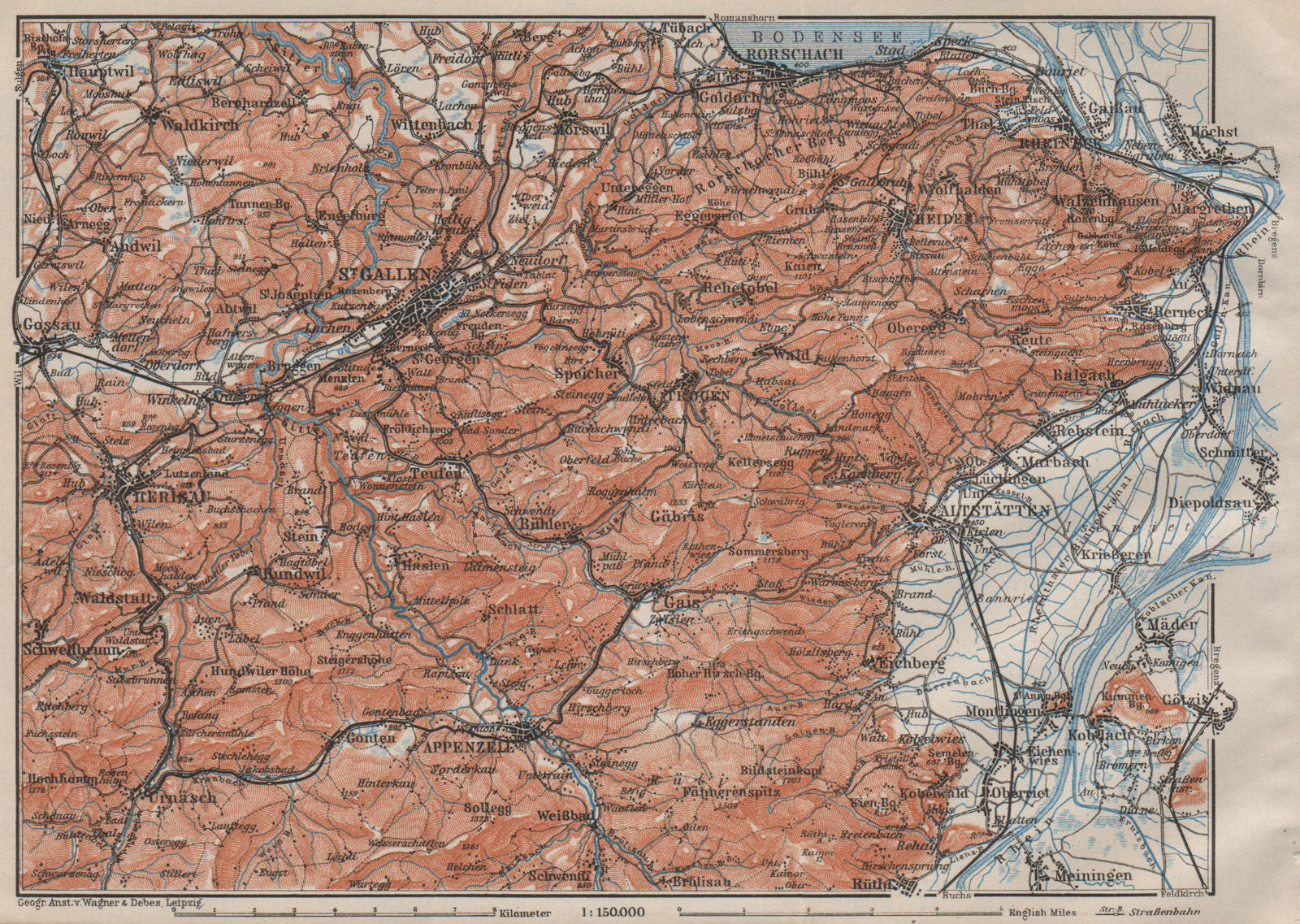 ST GALLEN/APPENZELL area. Herigau Altstätten Heiden Rheineck Rorschach 1909 map